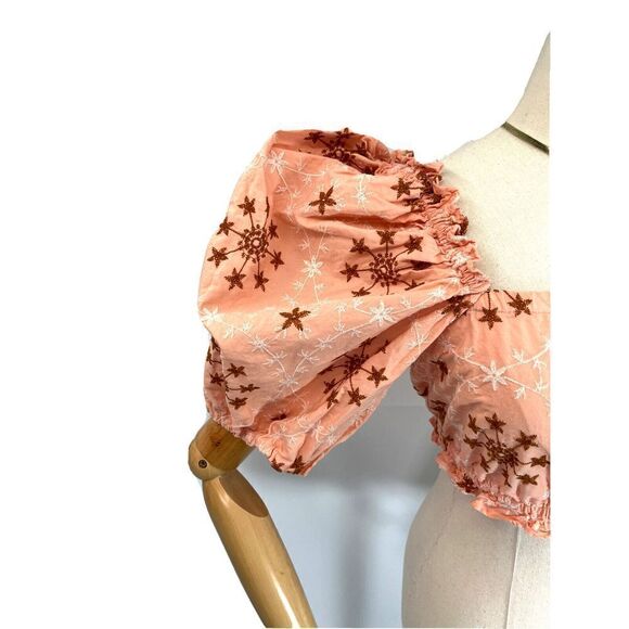 Zara XS Womens Embroidered Cropped Top  Puff Sleeve Floral Coral Peach  - Picture 7 of 15